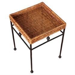 Mirea Coastal Beach Natural Rattan Woven Iron Square Outdoor Side Table|