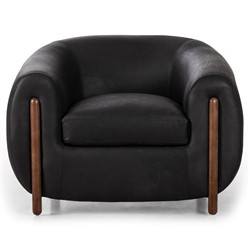 Riley Mid Century Modern Heirloom Black Leather Brown Wood Barrel Chair|