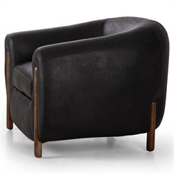 Riley Mid Century Modern Heirloom Black Leather Brown Wood Barrel Chair|