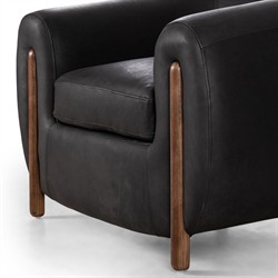 Riley Mid Century Modern Heirloom Black Leather Brown Wood Barrel Chair|