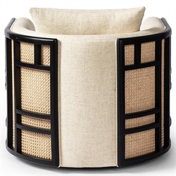 Jun Coastal Beach Thames Cream Performance Black Wood Woven Cane Swivel Chair|