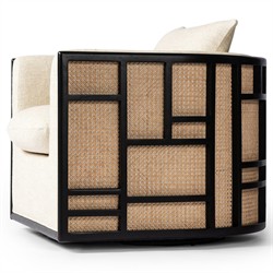 Jun Coastal Beach Thames Cream Performance Black Wood Woven Cane Swivel Chair|