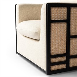 Jun Coastal Beach Thames Cream Performance Black Wood Woven Cane Swivel Chair|