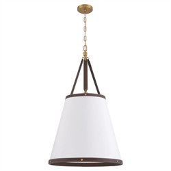 Mirea Updated Traditional White Linen Shade Leather Trim Pendant|