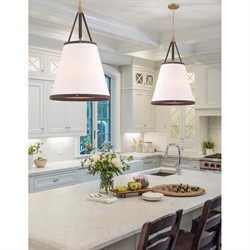 Mirea Updated Traditional White Linen Shade Leather Trim Pendant|