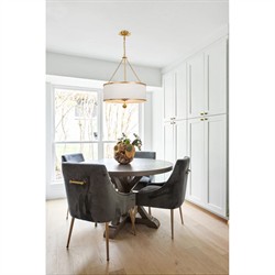 Liora Updated Traditional White Silk Drum Shade Antique Gold 6 Light Chandelier|