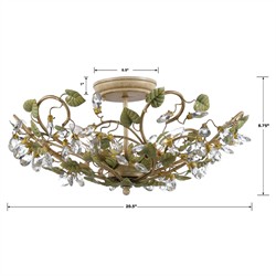 Ava French Country Champagne Green Leaf Crystal Semi Flush Mount|