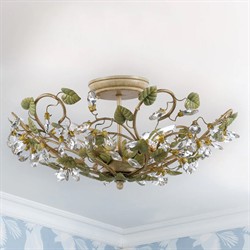 Ava French Country Champagne Green Leaf Crystal Semi Flush Mount|