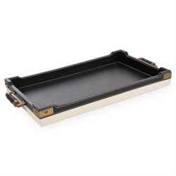 Toulon Traditional Black Leather Natural Canvas Rectangular Decorative Tray|
