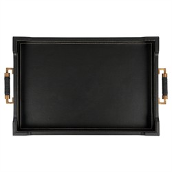 Toulon Traditional Black Leather Natural Canvas Rectangular Decorative Tray|