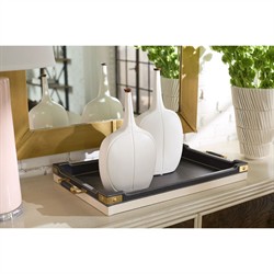 Toulon Traditional Black Leather Natural Canvas Rectangular Decorative Tray|