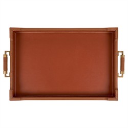 Toulon Traditional Tan Leather Natural Canvas Rectangular Decorative Tray|
