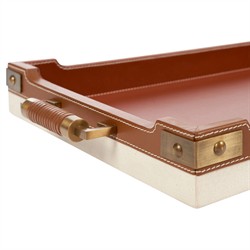 Toulon Traditional Tan Leather Natural Canvas Rectangular Decorative Tray|