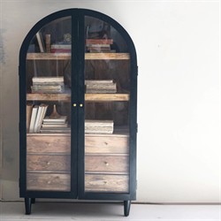 Ysabel Modern Classic Black Mango Wood Glass Arched Cabinet|