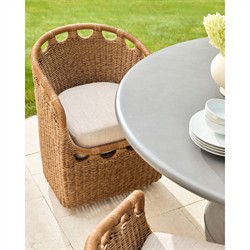 Olara Coastal Beach Cream Sunbrella Woven Wicker Outdoor Dining Arm Chair|