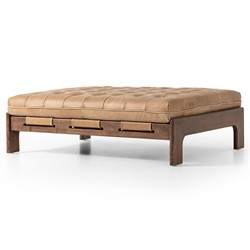 Hadley Rustic Tan Leather Brown Wood Tufted Cocktail Ottoman|