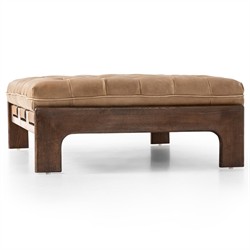 Hadley Rustic Tan Leather Brown Wood Tufted Cocktail Ottoman|