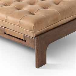 Hadley Rustic Tan Leather Brown Wood Tufted Cocktail Ottoman|