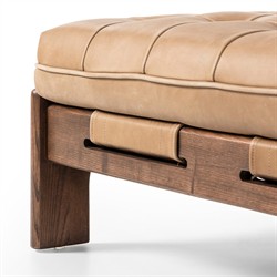 Hadley Rustic Tan Leather Brown Wood Tufted Cocktail Ottoman|