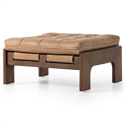 Hadley Rustic Lodge Tan Leather Brown Wood Tufted Ottoman|