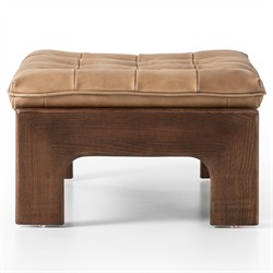 Hadley Rustic Lodge Tan Leather Brown Wood Tufted Ottoman|