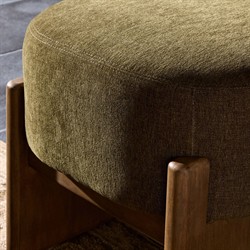 Leith Modern Classic Green Performance Brown Wood Round Stool|