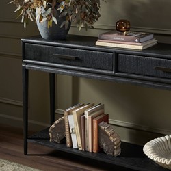 Rosal Modern Classic Black Oak Woven Rush Rectangular Console Table - 60"|