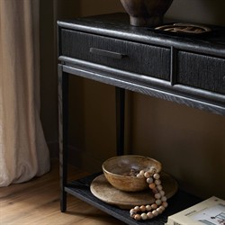 Rosal Modern Classic Black Oak Woven Rush Rectangular Console Table - 78"|