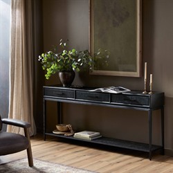 Rosal Modern Classic Black Oak Woven Rush Rectangular Console Table - 78"|