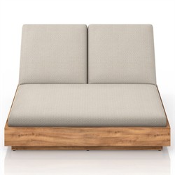 Kisha Modern Classic Beige Upholstered Natural Teak Outdoor Double Chaise|