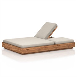 Kisha Modern Classic Beige Upholstered Natural Teak Outdoor Double Chaise|