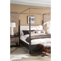 Century Cadence Modern Classic Beige Linen Mocha Oak Canopy Bed - King|