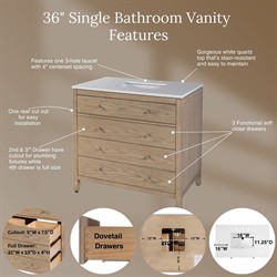 Svea Modern Classic White Quartz Light Brown Wood Single Vanity Sink - 36"|