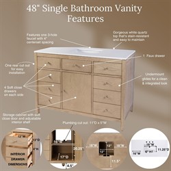 Svea Modern Classic White Quartz Light Brown Wood Single Vanity Sink - 48"|