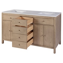 Svea Modern Classic White Quartz Light Brown Wood Double Vanity Sink - 60"|