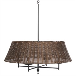 Hadwick Updated Traditional Brown Rattan Shade Black Iron Chandelier|