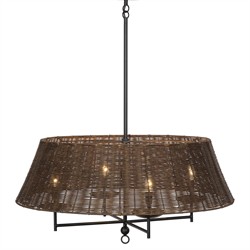 Hadwick Updated Traditional Brown Rattan Shade Black Iron Chandelier|