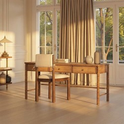 Tobi Updated Traditional Natural Woven Cane Brown Acacia Wood Spindle Desk|