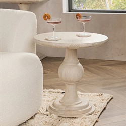 Beatrix Updated Traditional White Washed Mango Wood Round Pedestal End Table|
