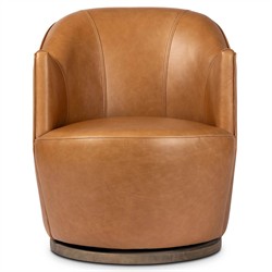 Samuel French Country Tan Leather Brown Wood Swivel Arm Chair|