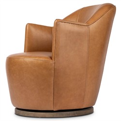 Samuel French Country Tan Leather Brown Wood Swivel Arm Chair|