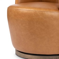 Samuel French Country Tan Leather Brown Wood Swivel Arm Chair|