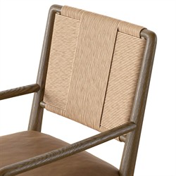 Ronan Coastal Beach Brown Leather Woven Rush Dining Arm Chair|
