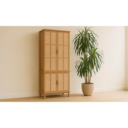 Emory Coastal Beach Natural Oak Woven Rattan Cabinet|
