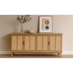 Emory Coastal Beach Natural Oak Woven Rattan Media Cabinet - 75"|