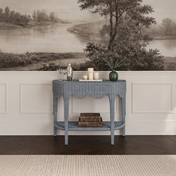 Worlds Away Paloma Blue Woven Rattan Scalloped Demilune Console Table|