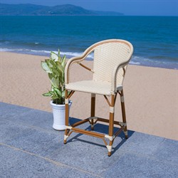 Hayden Coastal Beach Beige Woven Faux Wicker Outdoor Counter Stool|