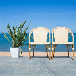 Hayden Coastal Beige Woven Faux Wicker Outdoor Dining Arm Chair - Set of 2|