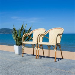 Hayden Coastal Beige Woven Faux Wicker Outdoor Dining Arm Chair - Set of 2|