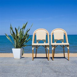 Hayden Coastal Beige Woven Faux Wicker Outdoor Dining Chair - Set of 2|